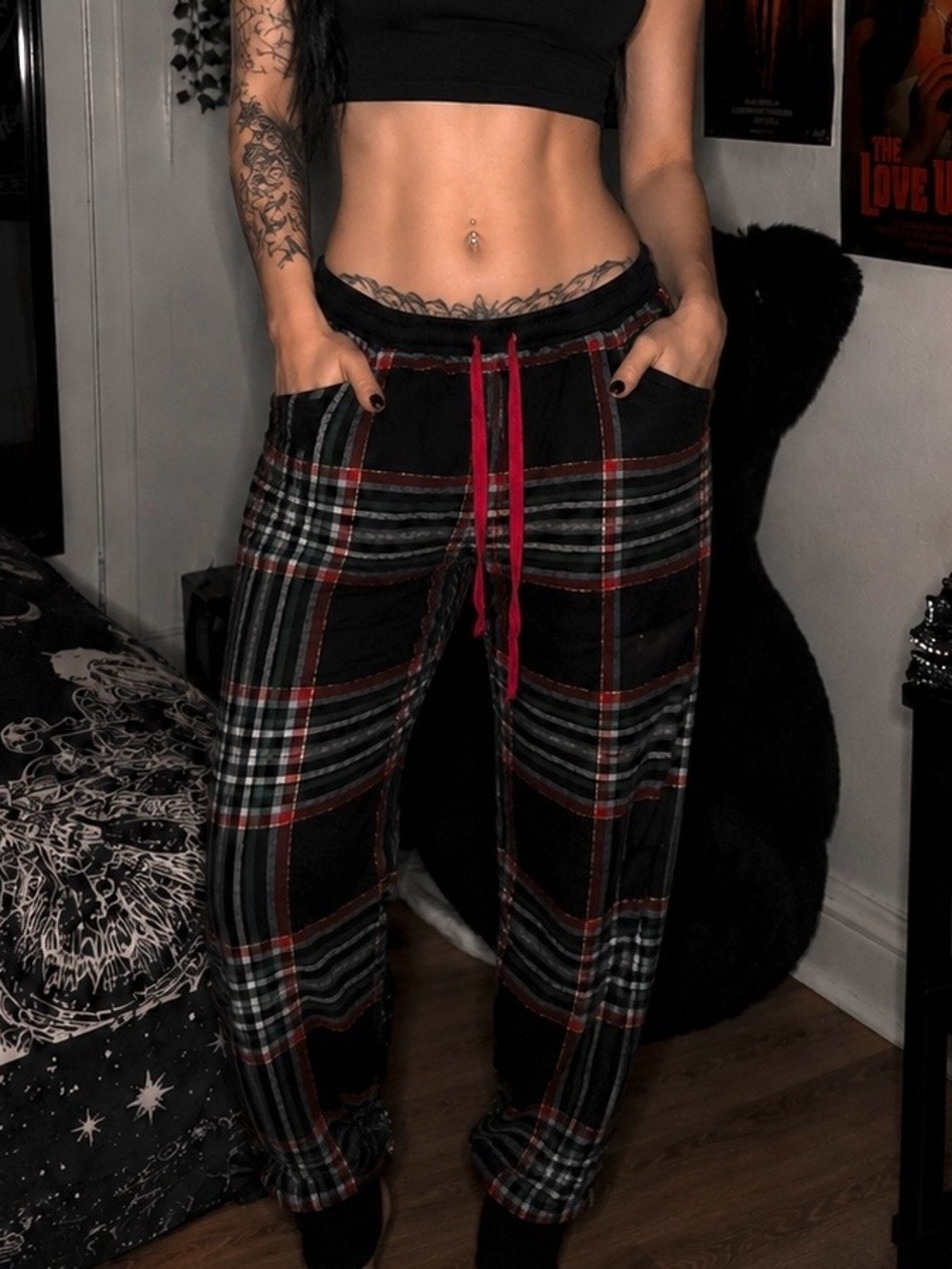 Black Plaid Lounge PJ Sleep Pants w Red Drawstring- Women’s Must Have Essentials
